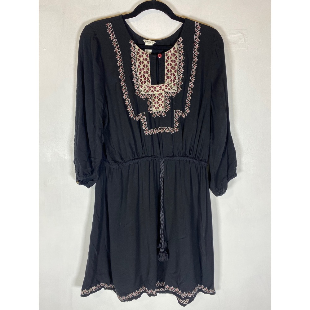 Black Embroidered Boho Tribal Peasant Mini Dress Coverup L Vacation Tribal Aztec